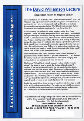 David Williamson Full Lecture by International Magic - DVD - Got Magic?